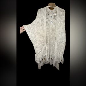 Cozy Festival Aerie Cream Knit Fringe Poncho Boho Layering